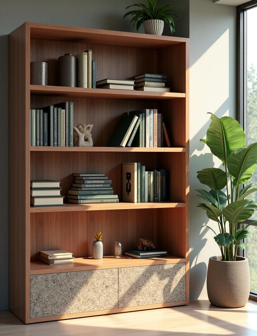 Estantería sostenible de madera y piedra